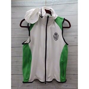 LRL Lauren Active Vest Womens Green White Zip Pockets Hood Fold/Hide In Collar M